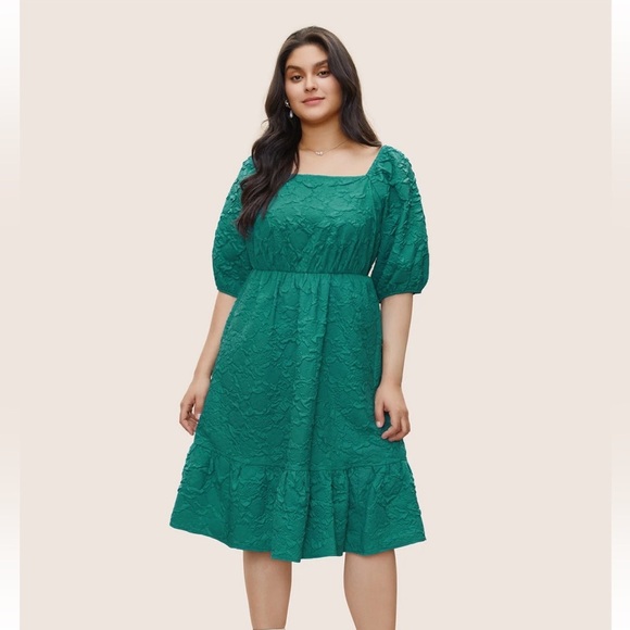 BloomChic Plus Size Plisse Patchwork Flutter Hem Square Neck Dress - Picture 1 of 7